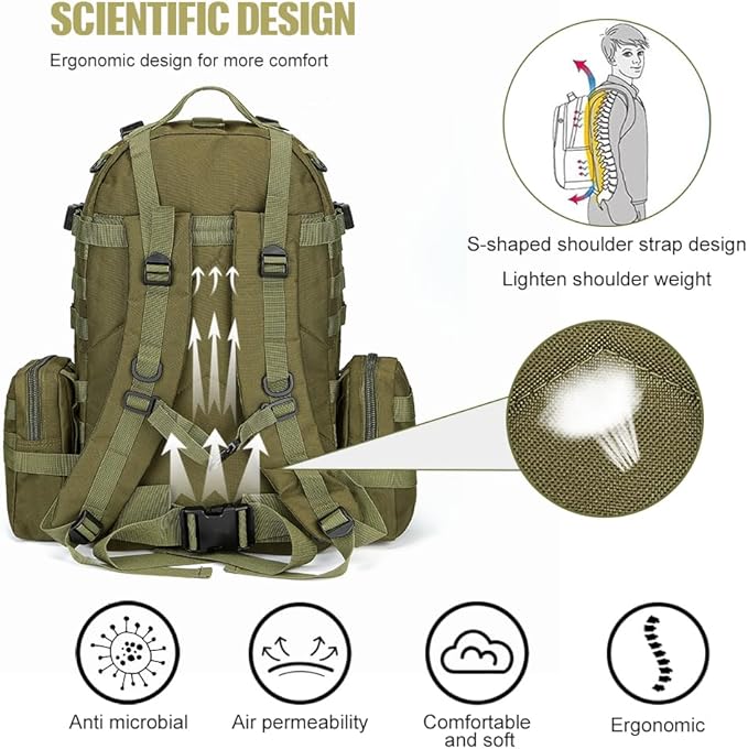 Large Military Tactical Backpack for Men 40-50L Backpacks for Women Bug out Bag Army 3 Days Pack Bags Rucksack with Molle System Green