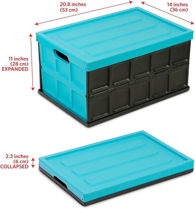 Glad Collapsible Storage Bin with Lid - 48L Foldable Plastic Box for Garage Car Trunk and Organization - Stackable Lidded Container with Handles Turquoise