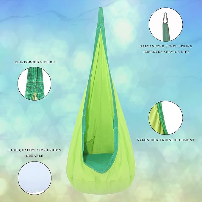 TOPIND Kids Hanging Pod Swing ChairChild Hammock Chair for Indoor and OutdoorSwing Chair with Inflatable Pillow and All Accessories Easy to Hang Comfortable NestGirls and Boys(Green)