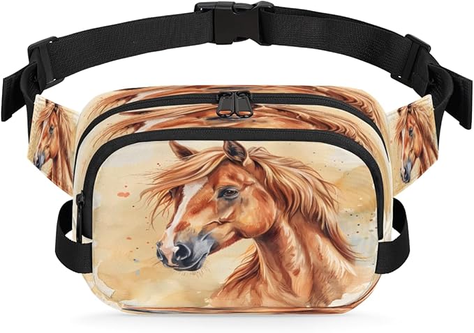 Watercolour Horse Waterproof Fanny Pack for Women Men Adjustable Waist Bag with Double Zipper Pockets Lightweight Square Hip Pack for Running Travel Hiking Workout Cycling