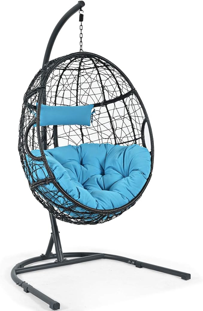 Giantex Hanging Egg Chair 36.5-Width Oversized Swing Chair with C-Hammock Stand Set Hammock Chair with Soft Seat Cushion &amp Pillow Multifunctional Hanging Chairs for Outdoor Indoor Bedroom (Blue