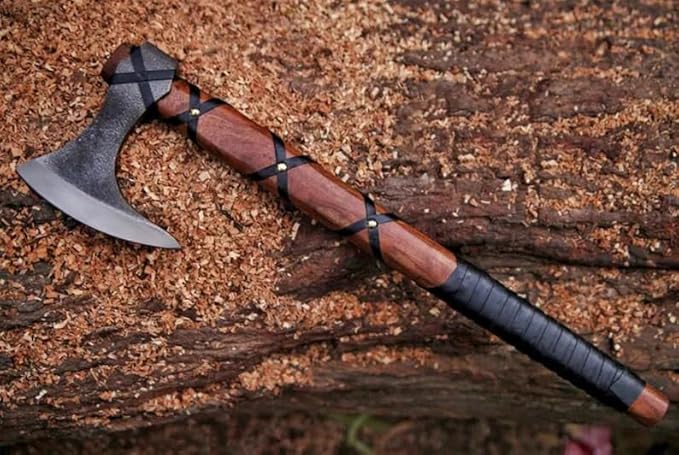 Viking Axe | Hand-Forged Carbon Steel Tomahawk with Rosewood Handle &amp Leather Sheath Bearded Axe for Camping Bushcraft Throwing Gifts for Men (Brown)