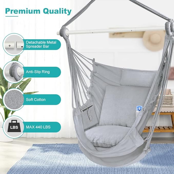 Outerman Hammock Chair Hanging Chair with 3 Cushions and Foot Rest Support Sturdy Metal Spreader Bar Max 440 Lbs Swing Chair for Bedroom Indoor &amp Outdoor Patio Porch or Tree（Gray）