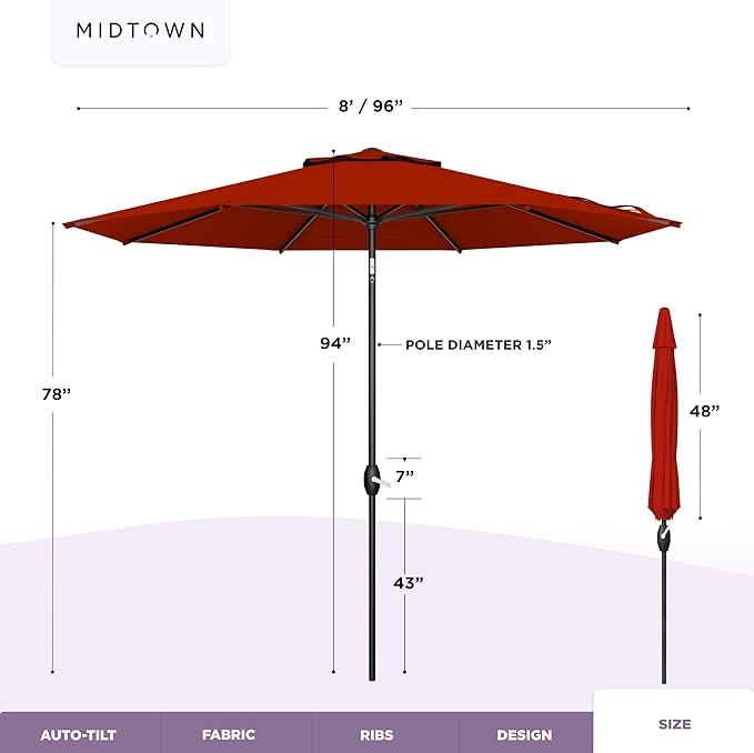 Midtown Umbrellas - 10-Year-No-Fade 8 Ft Patio Umbrella with Terylast Fabric Auto-Tilt Aluminum Frame and 8 Reinforced Ribs for Deck Pool Garden &amp Beach - Apple Red Canopy Black Pole