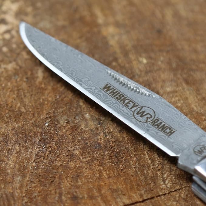 WHISKEY BENT HAT CO. Traditional Trapper Folding Pocket Knife 4.125 Closed Length 440C Stainless Steel Blades (Bandito - Damascus Blades)