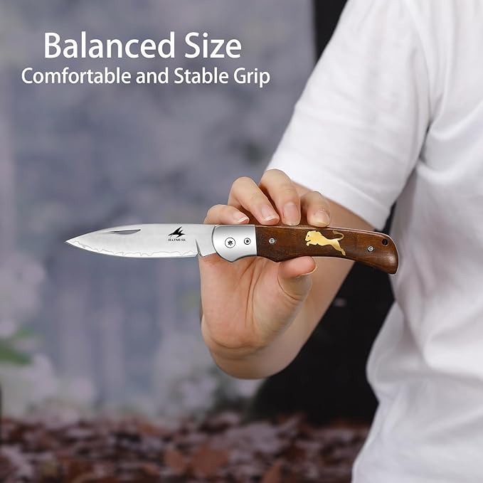 Pocket Folding Knife 3.1 inch 9Cr18MoV Stainless Steel Blade Sharp Pocket Knife with Comfortable Wooden Handle Multi-Tool for Camping