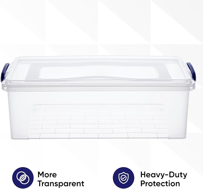 Superio Clear Storage Boxes with Lids Plastic Container Bins for Organizing Stackable Crates BPA Free Non Toxic Odor Free Organizers for Home Office School and Dorm (22 Quart 12 Pack)