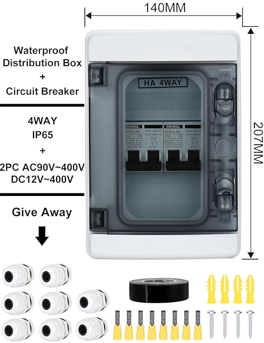 DIHOOL DC Circuit Breaker Box Cover 40 Amp Electrical Power Distribution Box 2 in 2 Out PV Solar Disconnect Switch