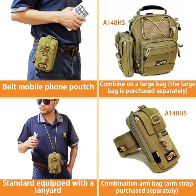 Looyoo/A148 Tactical Phone Pouch with Shoulder Strap EDC Utility Waist Pack Dual Layer Nylon Black and Khaki