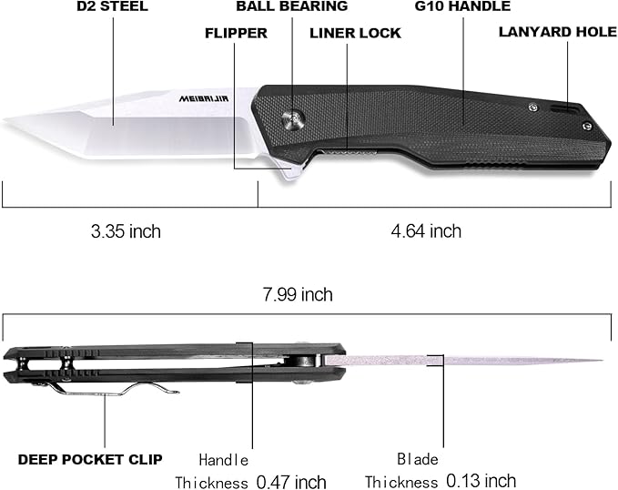 Pocket Knife D2 Blade Folding Knife with G10 Handle Liner Lock Pocket Clip Smooth Flipping Action EDC Knife with Ball Bearing for Hiking Camping Outdoor