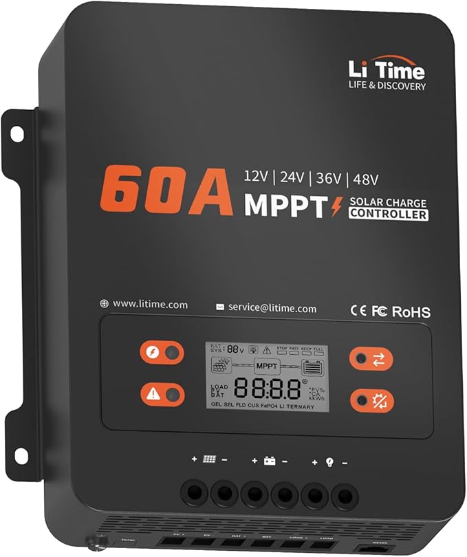 LiTime 60A MPPT Solar Charge Controller (No Build-in Bluetooth) 12V/24V/36V/48V Auto Max PV Input 200VDC LCD Display Solar Panel Regulator for LiFePO4/Lead-acid Battery