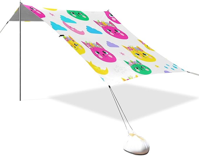 Cat Beach Canopy Sun Shelter with Sandbags &amp Sand Shovel &amp Windproof Ropes - Portable 110x126 Beach Shade Beach Tent for Camping Picnics