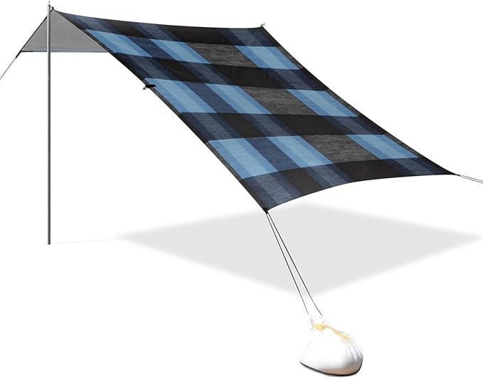 Darkslatebuffalo Turquoise Plaid Check Tartan Scotland Beach Canopy UPF50+ Easy Setup Large Portable Sun Shelter with Sand Shovel for Camping Picnics Backyard