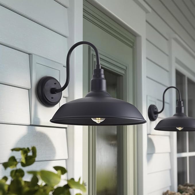 Large Black Gooseneck Barn Light for Farmhouse 16in Dome Outdoor Wall Lights for Porch 4 Pack Exterior Lighting Fixture with Goose Neck Arm for Front and Back Porch House Garage Door