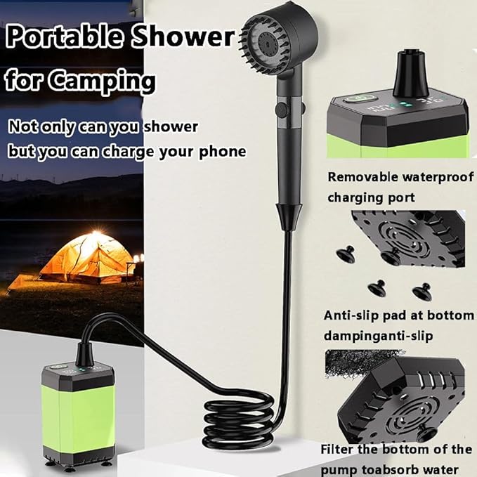 Portable Shower for Camping 6000/12000mAh Rechargeable Camping Shower with Intelligent Digital Display Camping Shower Pump with Power Display for Hiking Travel Car Pet Green6000mAh