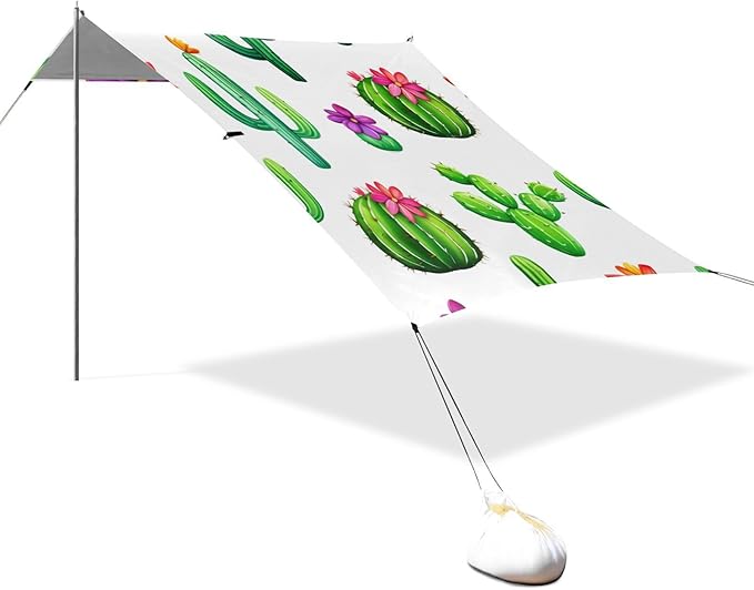 Beach Canopy with Windproof Ropes &amp Sandbags Beach Tent Sun Shade Sun Shelter for Camping Trips Fishing Backyard Fun or Picnics Cactus