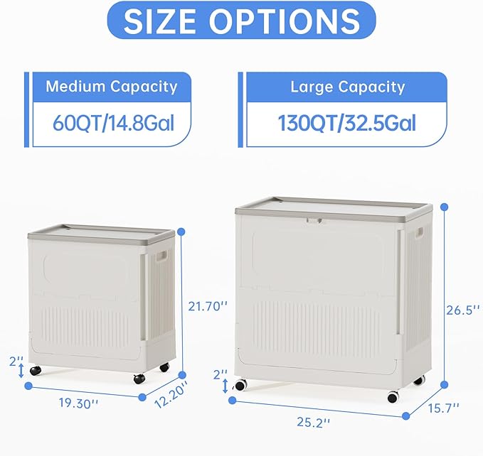 HAIXIN Flip-top Storage Bin with Lid - 60 QT Plastic Storage Box with Wheels 14.8 Gal Stackable Closet Organizer for Clothes Blanket Movable Storage Organization for Laundry Cream White