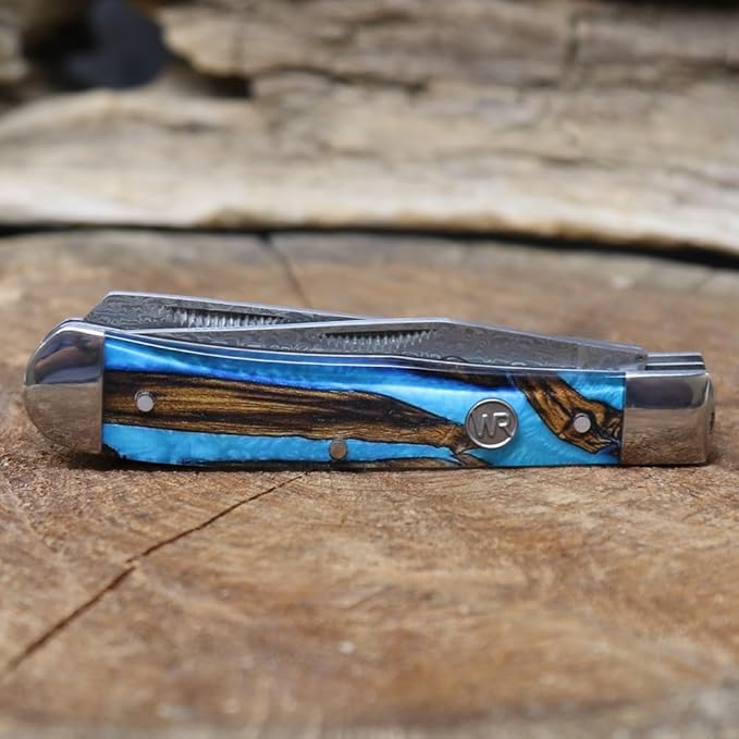 WHISKEY BENT HAT CO. Traditional Trapper Folding Pocket Knife 4.125 Closed Length 440C Stainless Steel Blades (Spring Branch - Damascus Blades)