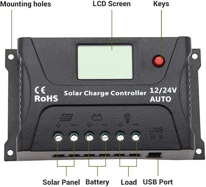 HQST 20Amp 12V/24V PWM Solar Charge Controller Regulator with LCD Display USB-A Port Compatible with Sealed Flooded Lead-Acid Batteries