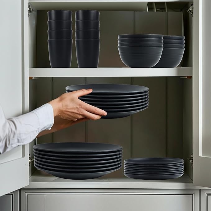 Wrova Wheat Straw Dinnerware Set of 40 Pieces - 10 &amp 9 Plates 6 Snack Plates 26oz &amp 12oz Bowls &amp Cups - Unbreakable Microwave &amp Dishwasher Safe - Black