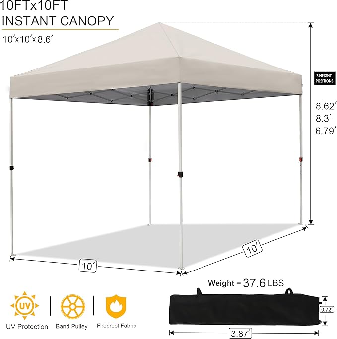 Canopy Tent 10X10 FTHeavy Duty Sun Instant Shelter w/Adjustable Straight Leg HeightsPortable Pop Up GazeboOutdoor Patio Tents for CommercialCampingGardenWhite