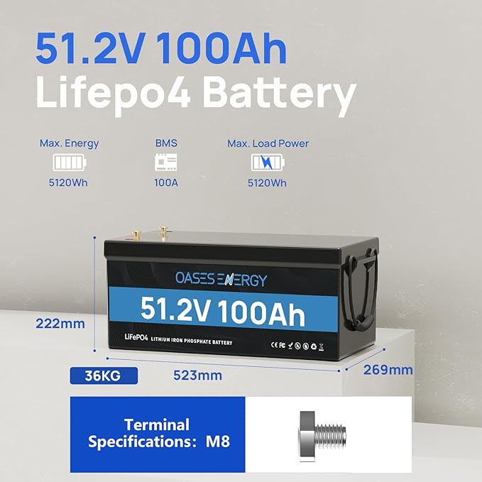 48V 100Ah LiFePO4 Lithium Battery Build-in BMS with Low Temp Protection 500A Peak Current Up to 5000+ Deep Cycles Battery for RV Camper Solar Energy Storage Boats Trolling Motor Off Grid