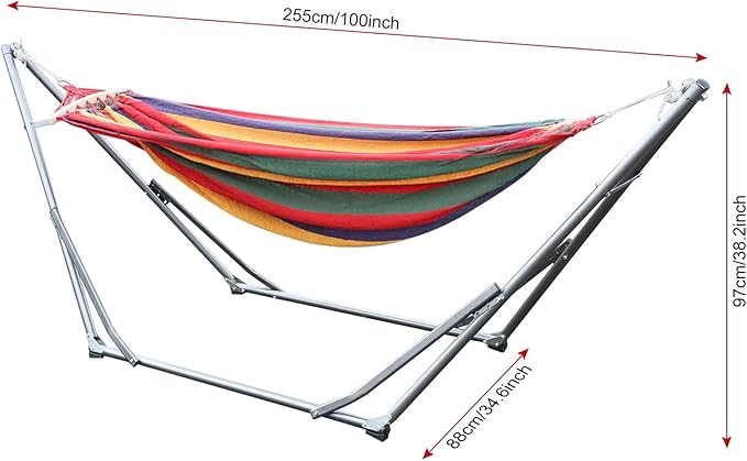 Double Hammock Basics Dual-bar Design Heavy-Duty Metal Hammock Stand with Carrying Bag 400 LBS Strong Load-Bearing Striped Print Red