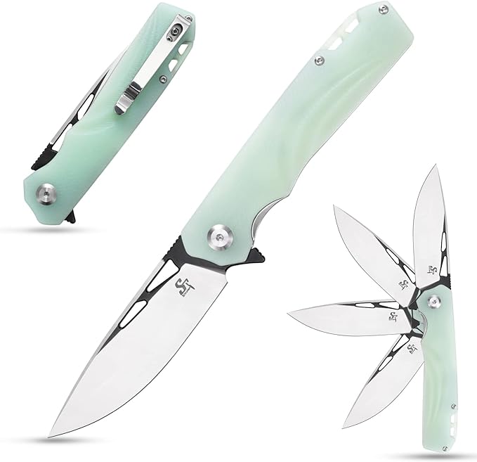 Sitivien ST141 Folding KnifeD2 Steel Blade G10 Handle Pocket Knife EDC Tool Knife for Survival Hiking Camping Fishing(Jade)