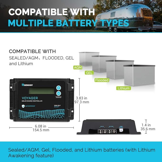 Renogy Voyager 20A 12V/24V PWM Waterproof Solar Charge Controller w/ LCD Display for AGM Gel Flooded and Lithium Battery Used in RVs Trailers Boats Yachts Voyager 20A