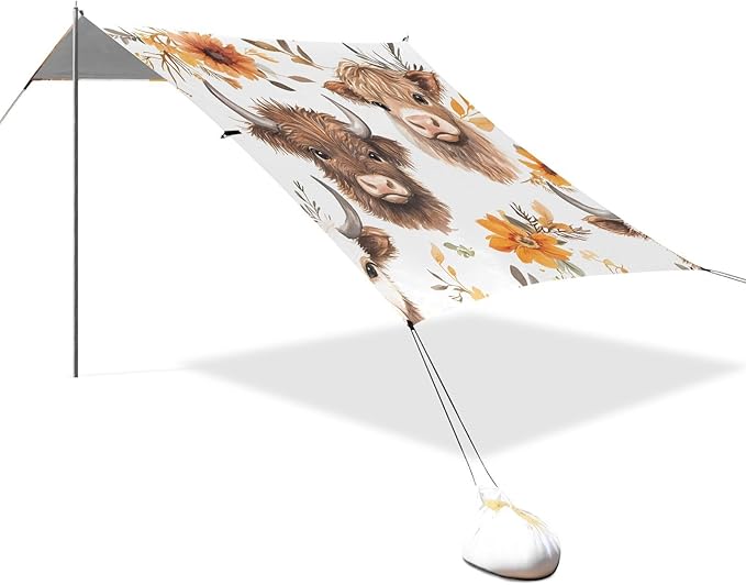 ALAZA Highland Cattle Flowers Pattern Beach Tent Sun Shelter Portable Canopy Sunshade for Outdoor Camping Picnics Backyard Fun 10x9 ft