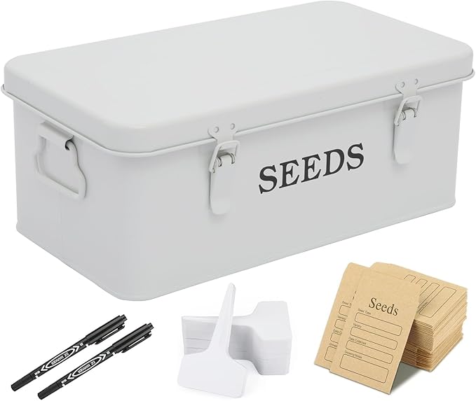 Seed Storage Organizer 4 Compartment Seed Storage Box with Safety Lock Metal Seed Box Container with 2 Pens 20 Plant Labels and 50 Seed Envelopes for Seed Packet &amp Small Garden Tool White