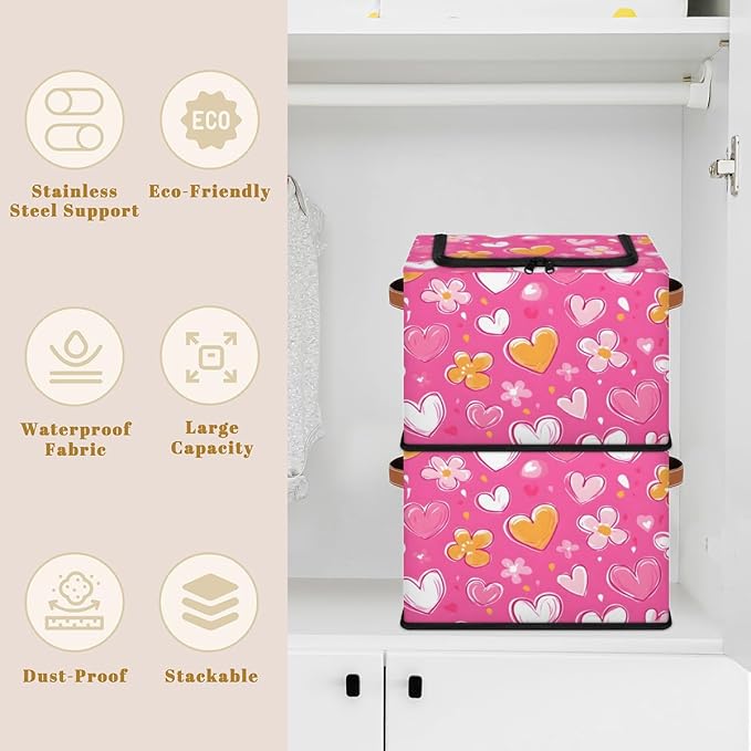 Love Heart Storage Bins with Zipper Lid Pink Yellow Fabric Lidded Storage Baskets Cubes with Handles Decorative Foldable Shelf Closet Organizer Container
