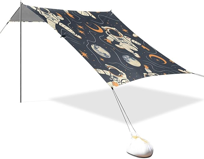 ALAZA Astronaut Moon Stars Pop Art Beach Tent Sun Shelter UPF50+ Protection Beach Shade Canopy w/ 4 Sandbags for Outdoor Camping Fishing Backyard Fun Picnic 10x9 ft
