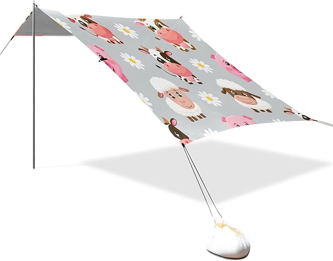 Cartoon Cows and Sheep Beach Canopy Sun Shelter with Sandbags &amp Sand Shovel &amp Windproof Ropes - Portable 110x126 Beach Shade Beach Tent for Camping Picnics