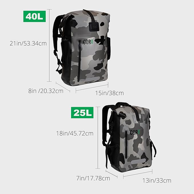 COR Surf Waterproof Dry Bag Backpack with Padded Laptop Sleeve 25L &amp 40L Heavy Duty Roll-Top Pack (Camo 25L)