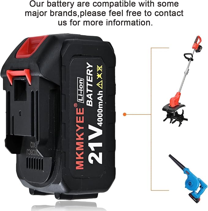 21V Lithium Battery and Charger Cord 4.0 Ah Battery with Charger Adapter Led Indicator Compatible for Cordless Tiller Cultivator