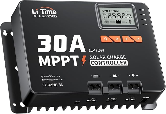LiTime 30 Amp MPPT 12V/24V/Auto DC Input Solar Charge Controller Build-in Bluetooth Module Parameter Adjustable LCD Display LED Indicators Solar Panel