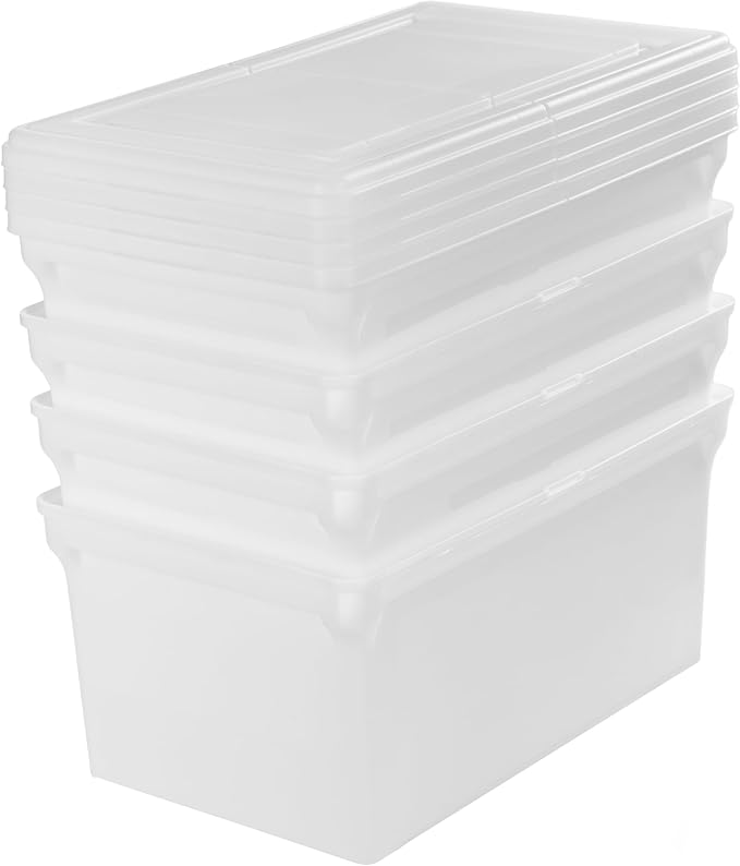 IRIS USA File Box File Organizer w/Hinged Split Lid for Letter File Important Document Box Plastic Storage Filing Bin for Moving Stackable Nestable Portable Pearl 44 Qt. 4 Pack