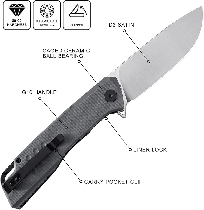 Petrified fish PFB02 Loco Pocket Knife 3.70 D2 Satin Blade Camping Knife 5.29oz G10 Handle Flipper Liner lock Folding knife for EDC (Gray Satin)