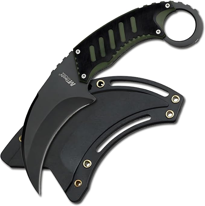 MTECH USA Fixed Blade Karambit Knife 7.5” Overall Length Black Stainless Steel Curved Blade G10 Handle Nylon Fiber Sheath (Black &amp Green)