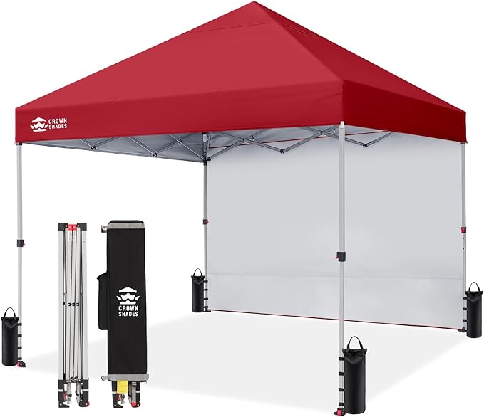 CROWN SHADES 8x8 Pop Up Canopy with 1 Side Wall - Beach Tent with One Push Setup - Outdoor Sun Shade for Events Parties Camping - Gazebo with STO-N-Go Cover Bag (Red)