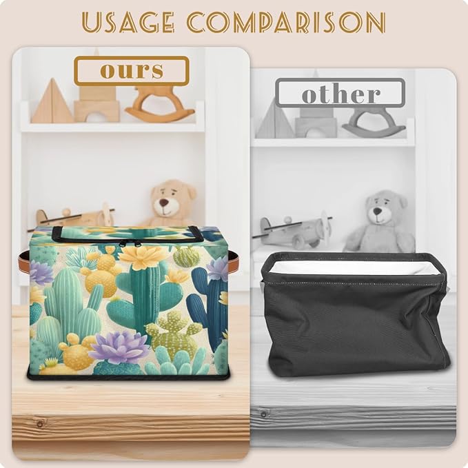 Cactus Storage Bins with Lids Flower Collapsible Cube Storage Basket with Leather Handle Foldable Storage Box with Lids for Organizing Home Closet