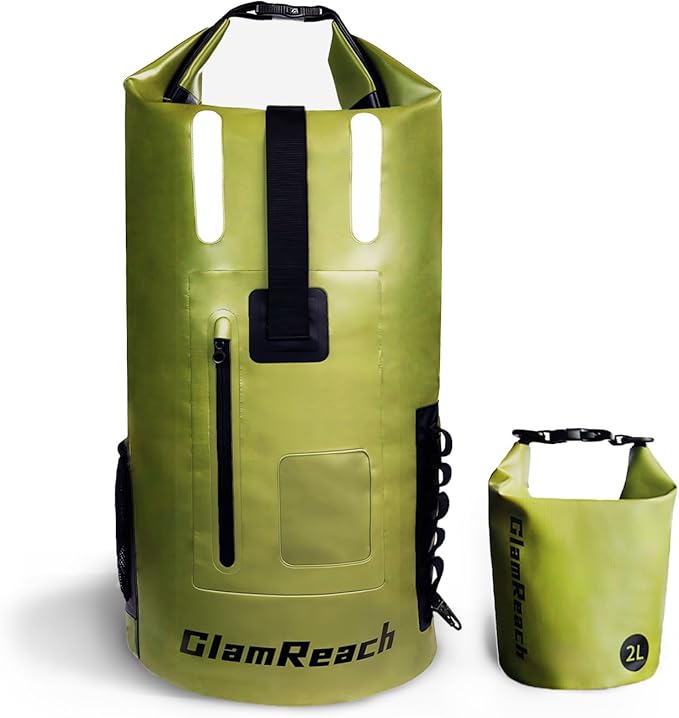 waterproof backpack 55L- Heavy Duty &amp Dirt Resistant Roll Top Sack Essential Gear for Kayaking Hiking Camping Beach Travel with 2L dry bag (Green 55L)
