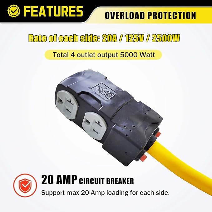 50 Amp to 110 RV Generator Adapter Cord 4 Prong 220V to 110V Adapter Plug NEMA 14-50P to Four 5-15R/5-20R Household Outlets with 20 Amp Circuit Breaker