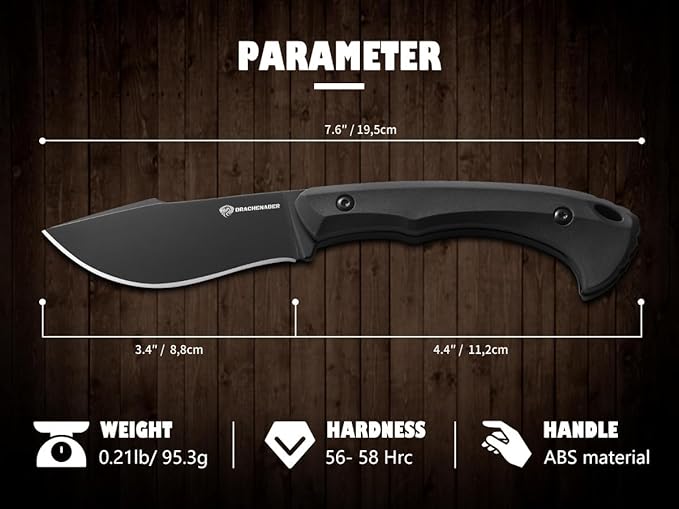 DRACHENADER 7.68 EDC Survival Knife with Fire Starter L-Y Small EDC Full Tang Fixed Blade Knife with Sheath Belt Clip Full Black