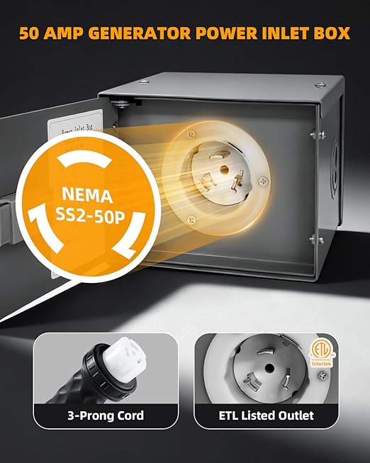 50 Amp Generator Inlet Box NEMA SS2-50P Power Inlet Box for 3-Prong Generator Cord 125/250V 6250/12500W 50A Generator Plug Weatherproof Outdoor Use