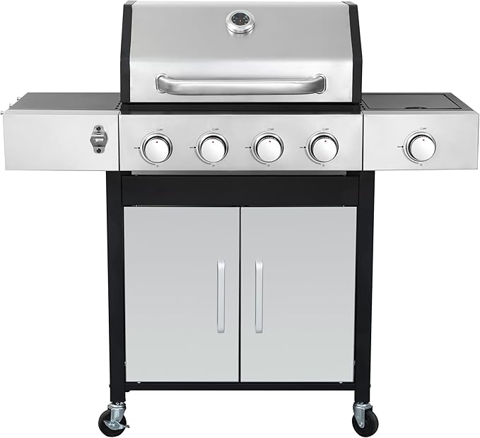 3-Burner Propane Gas BBQ Grill Stainless Steel Propane Grill 36900 BTU Outdoor Cabinet Style with Wheels Wire Rack and Two Foldable Side Table for Outdoor Barbecue Cooking (5-Burner GrillSilver)