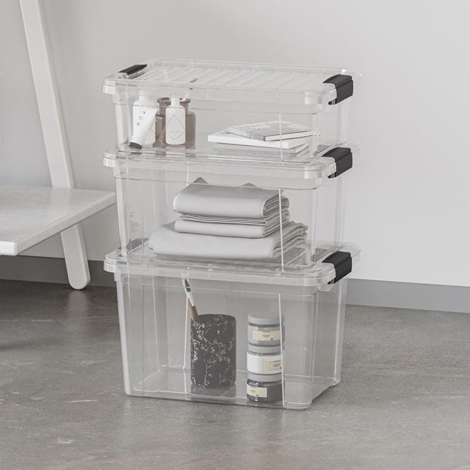Superio Storage Bins with Lids- 4 Pack 4.5 Qt Clear Boxes for Organizing Stackable Plastic Containers- BPA Free Non-Toxic Odor Free Organizer for Home Office Dorm