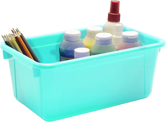 Storex Small Cubby Bins – Plastic Storage Containers for Classroom with Non-Snap Lid 12.2 x 7.8 x 5.1 inches Teal 5-Pack (62412A05C)