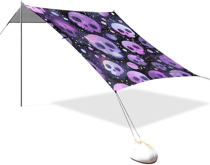 ALAZA Purple Skull Starry Beach Tent Sun Shelter UPF50+ Protection Beach Shade Canopy w/ 4 Sandbags for Outdoor Camping Fishing Backyard Fun Picnic 10x9 ft